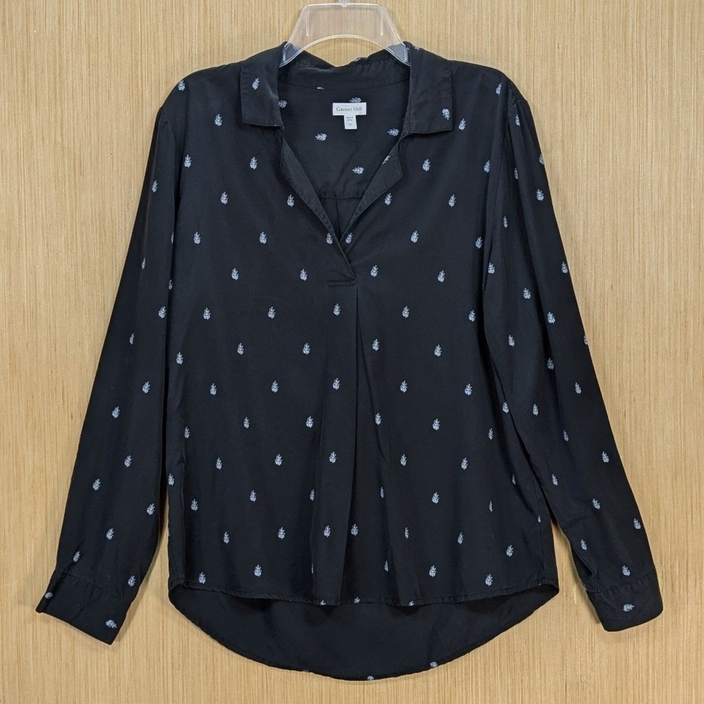 Garnet Hill Womens Elevated Basic Quiet Luxury Black Leaf Print V-Neck Blouse 12